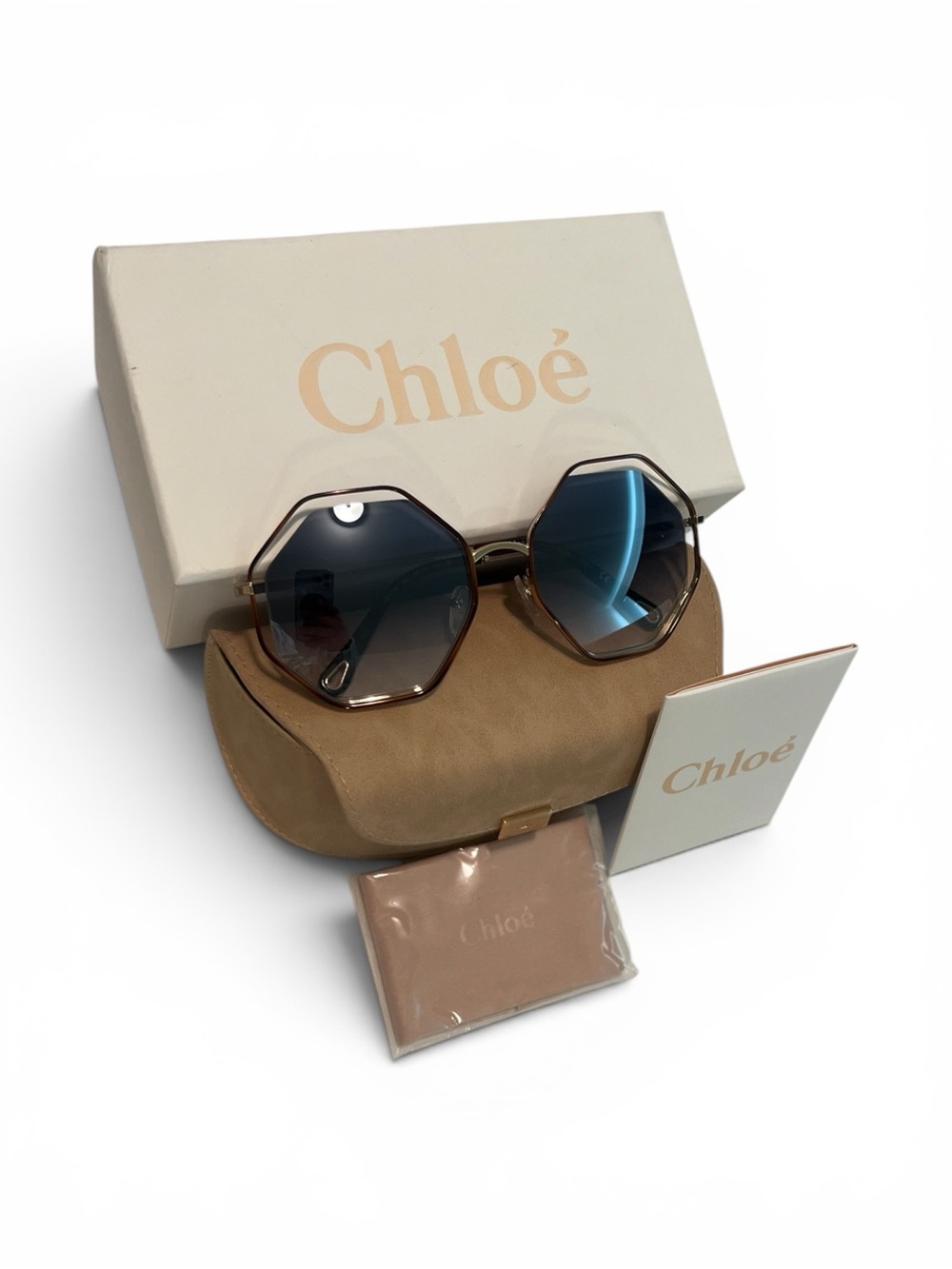 Chloé Poppy Octagonal Geometric Sunglasses Gold Tortoise CE132S - 58 mm - NWT